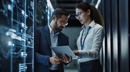 Fototapeta premium Professional female IT specialist in server room is talking with colleague about servers, technology, and network systems. Hightech equipment, indicating a technologically advanced environment.
