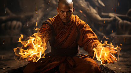 Shaolin Warrior Monk Taming Fire Inside Monastery - obrazy, fototapety, plakaty