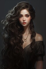 Fototapeta premium Realism Illustration a elegant woman with flowing raven locks in black attire