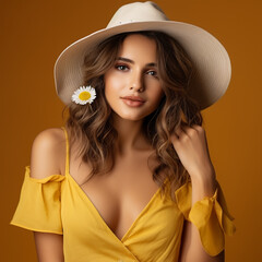 Stylish woman in yellow dress and holding daisy flower on yellow background, ai technology