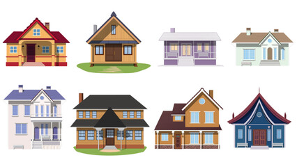 Set of colored mansion and private houses isolated on white background. One-story houses and with several floors. Clipart.