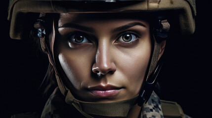 A strong looking woman wearing military uniform including camouflage fatigues and a helmet. She is ready for war to protect and serve her country. Generative Ai - obrazy, fototapety, plakaty
