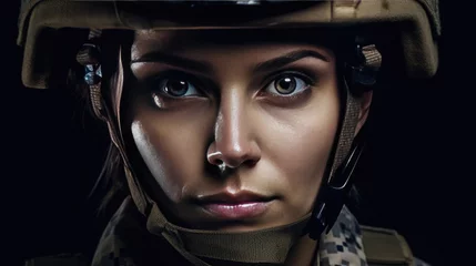 Fotobehang A strong looking woman wearing military uniform including camouflage fatigues and a helmet. She is ready for war to protect and serve her country. Generative Ai © tong2530
