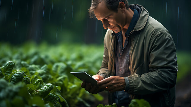 Raincoat-clad Farmer Examining Crops in Rain