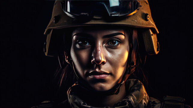 A strong looking woman wearing military uniform including camouflage fatigues and a helmet. She is ready for war to protect and serve her country. Generative Ai