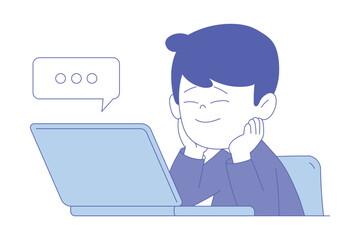 Boy First Grader Sitting at Desk in Front of Laptop Having Online Lesson Vector Illustration