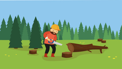Lumberjack with a chainsaw in the forest. Vector illustration