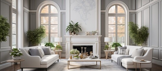 Fototapeta na wymiar Gray stucco molding white fireplace bright furniture living plants high windows abundance of natural light in the hall s interior