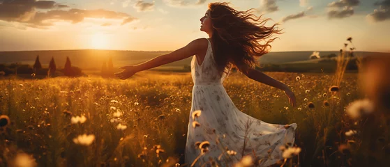 Rolgordijnen Spirituality with Happy Woman in White Dress © The