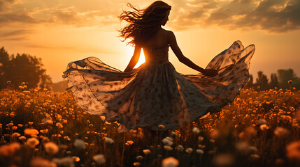 Woman Dancing in Flower Field at Sunset - obrazy, fototapety, plakaty