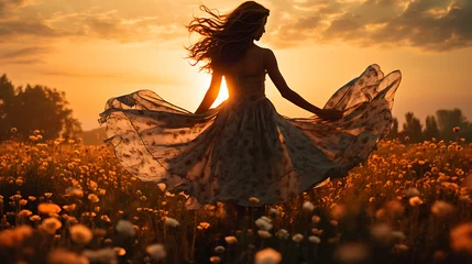 Gardinen Woman Dancing in Flower Field at Sunset © The
