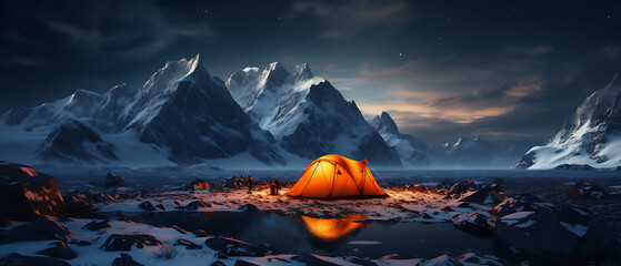 Orange Tent on Snowy High Mountains at Night
