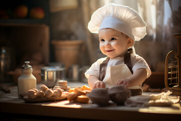  a cute baby girl, dressed like a baker, explores the world of baking with her hands playfully immersed in flour