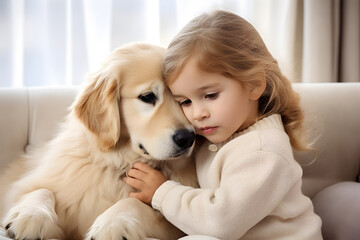  a little girl with blonde hair sits looking sad beside her golden retriever puppy