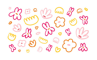 Doodle flowers set. Abstract simple floral shapes, design elements in scribble, cute kids drawing style. Crooked naive blooms decorations. Hand-drawn vector illustrations isolated on white background