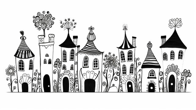 doodle black and white illustration outline of small houses for children's coloring, empty silhouettes of fictional abstract fairy-tale small houses