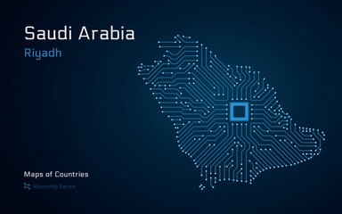 Abstract map of Saudi Arabia with Microchip pattern. Riyadh Capital.