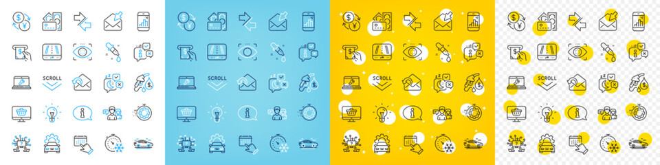 Vector icons set of Sleep, Graph phone and Scroll down line icons pack for web with Information, Laptop repair, People talking outline icon. Currency exchange, Web shop, Car pictogram. Vector