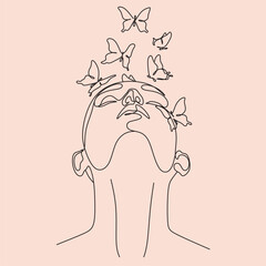 Abstract face with butterfly by one line drawing. Butterfly Line Art. Portrait minimalistic style.  Botanical print. Nature symbol of cosmetics. 
Fashion print. Beaty salon art