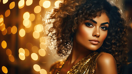 portrait of a European woman, Christmas golden theme, sparkles and gold bokeh on the background 