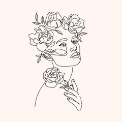 Woman Line Art Minimalist Logo. Nature Organic Cosmetics Makeup. Flower head Feminine Illustration line drawing. Woman face with flowers line
