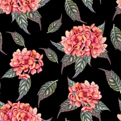 Fototapeten Hydrangea flowers with leaves watercolor seamless pattern. Hand drawn bouquet in autumn colors endless background. Print for fabric and wallpaper. © Olga Shulgina