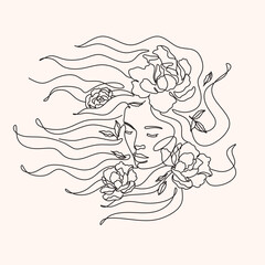 Fototapeta na wymiar Woman Line Art Minimalist Logo. Nature Organic Cosmetics Makeup. Flower head Feminine Illustration line drawing. Woman face with flowers line