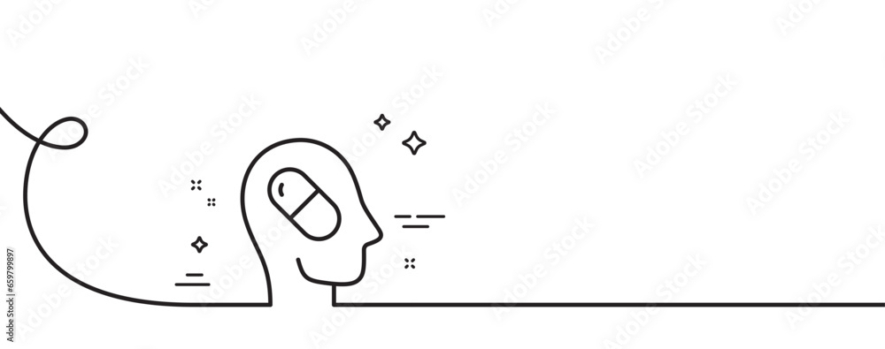 Poster depression treatment line icon. continuous one line with curl. headache pill sign. mental health sym