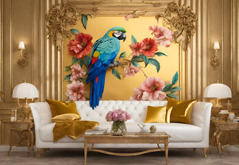 Living Room Wall Decor, 
Bedroom Wall Murals, 
Nature-inspired Home Decor, 
Beautiful Parrot Illustrations, 
Bird-Themed Interiors, 
Bright and Colorful Room Decor