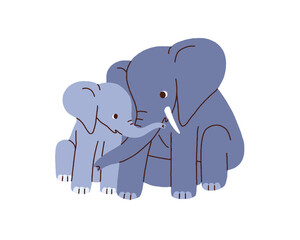 Mother animal and baby cub. Mom and elephant calf, kid. Cute adorable wild jungle family, mommy and child characters sitting together. Flat vector illustration isolated on white background