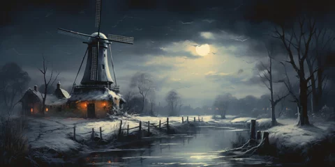 Foto op Plexiglas old dutch landscape, night scenery with a windmill in winter © britaseifert
