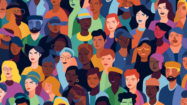 Diverse colorful people crowd seamless illustration. Cartoon characters friendly community