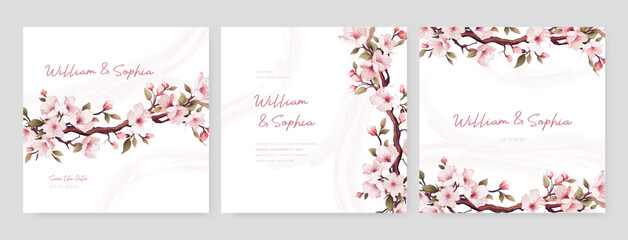 Fototapeta na wymiar Pink sakura artistic wedding invitation card template set with flower decorations