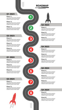 Vertical oadmap with winding road with milestones and rocket on white background. Infographic timeline template for business presentation. Vector.