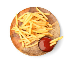 Board with tasty french fries and bowl of ketchup isolated on white background