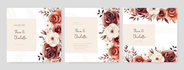 Fototapeta na wymiar Red and beige rose elegant wedding invitation card template with watercolor floral and leaves