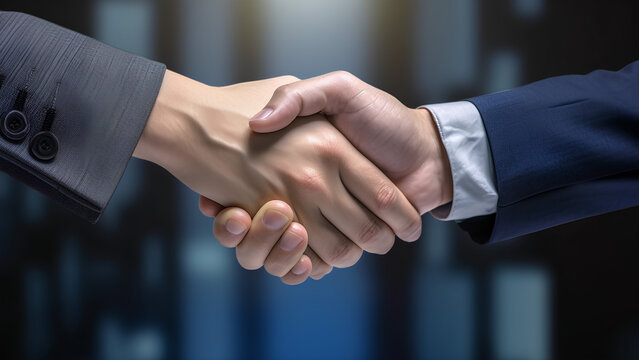 Two men shake hands after a business deal has been finalized. A sign indicates that a successful contract has been made. Generative AI