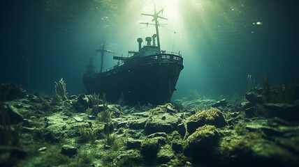 sunken ship landscape on the seabed, underwater view shipwreck artificial reef abstract fictional graphics - obrazy, fototapety, plakaty