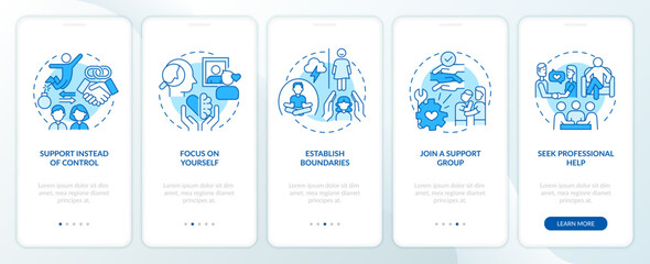2D icons representing codependent relationship mobile app screen set. Walkthrough 5 steps blue graphic instructions with line icons concept, UI, UX, GUI template. - obrazy, fototapety, plakaty