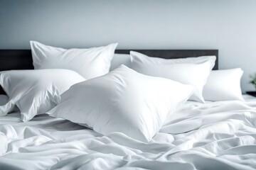 White bedding sheets and pillow background, Messy bed concept. - obrazy, fototapety, plakaty