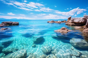Fototapeta na wymiar Turquoise Ocean, Blue Sky, and Picturesque Stones