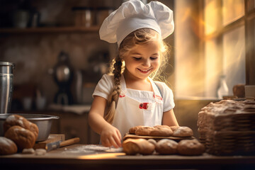 closeup, a cute girl immerses herself in the art of baking, dressed like a baker and covered in a dusting of flour. 