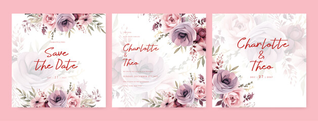Pink and purple violet rose and poppy vector elegant watercolor wedding invitation floral design