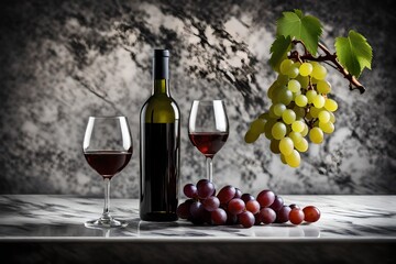 A bottle of wine and a glass with a branch of grapes on a marble tabletop.