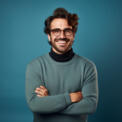 Young handsome man with beard wearing casual sweater and glasses over blue background, ai technology - obrazy, fototapety, plakaty