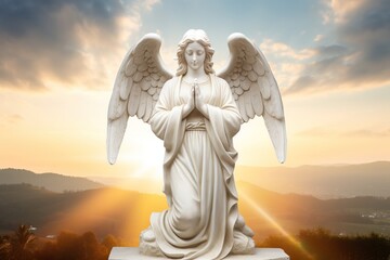 Angel statue with sunrise in the background, religion and spirituality concept. - obrazy, fototapety, plakaty