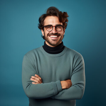 Young handsome man with beard wearing casual sweater and glasses over blue background, ai technology
