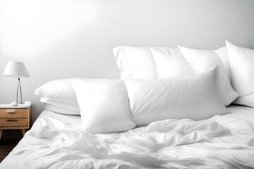 White bedding sheets and pillow background, Messy bed concept.