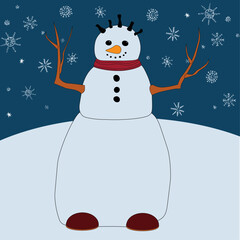 snowman under the snowfall, winter children's character snowman in a snowdrift