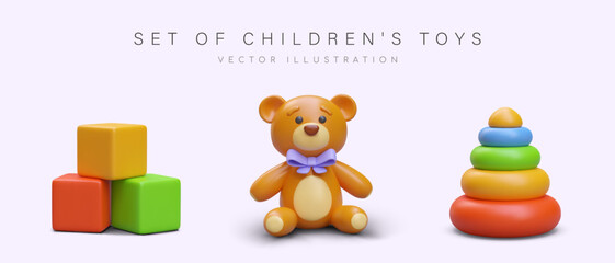 Realistic teddy bear with purple bow, colorful children cubes and pyramid toy. Set of different toys for kids. 3d object for advertising campaign. Vector illustration